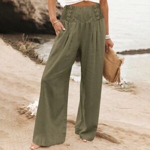 Smocked High-Waist Wide-Leg Pants in Olive Green